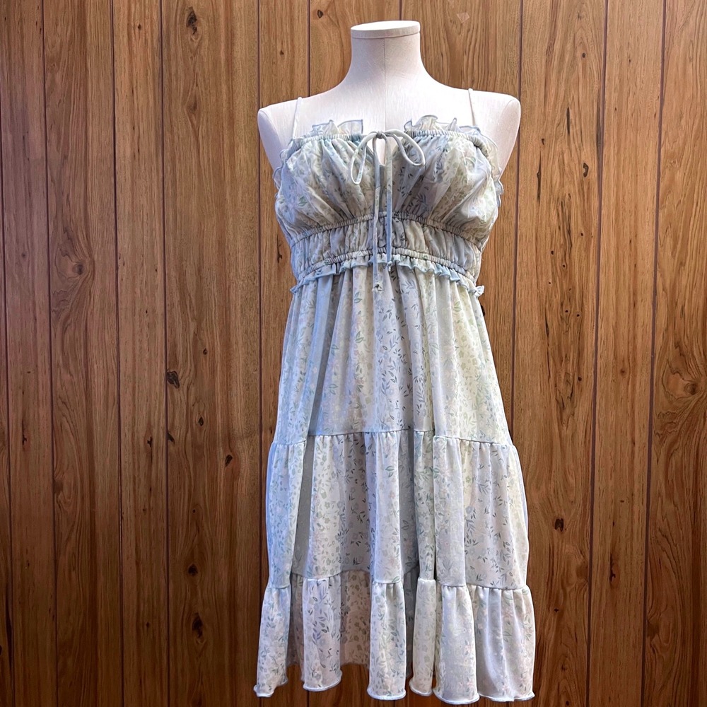 Kirious Los Angeles Floral Tiered Babydoll Dress Blue Green Medium Adjustable